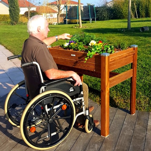 Jardinière surélevée PMR avec un homme âgé en fauteuil qui jardine